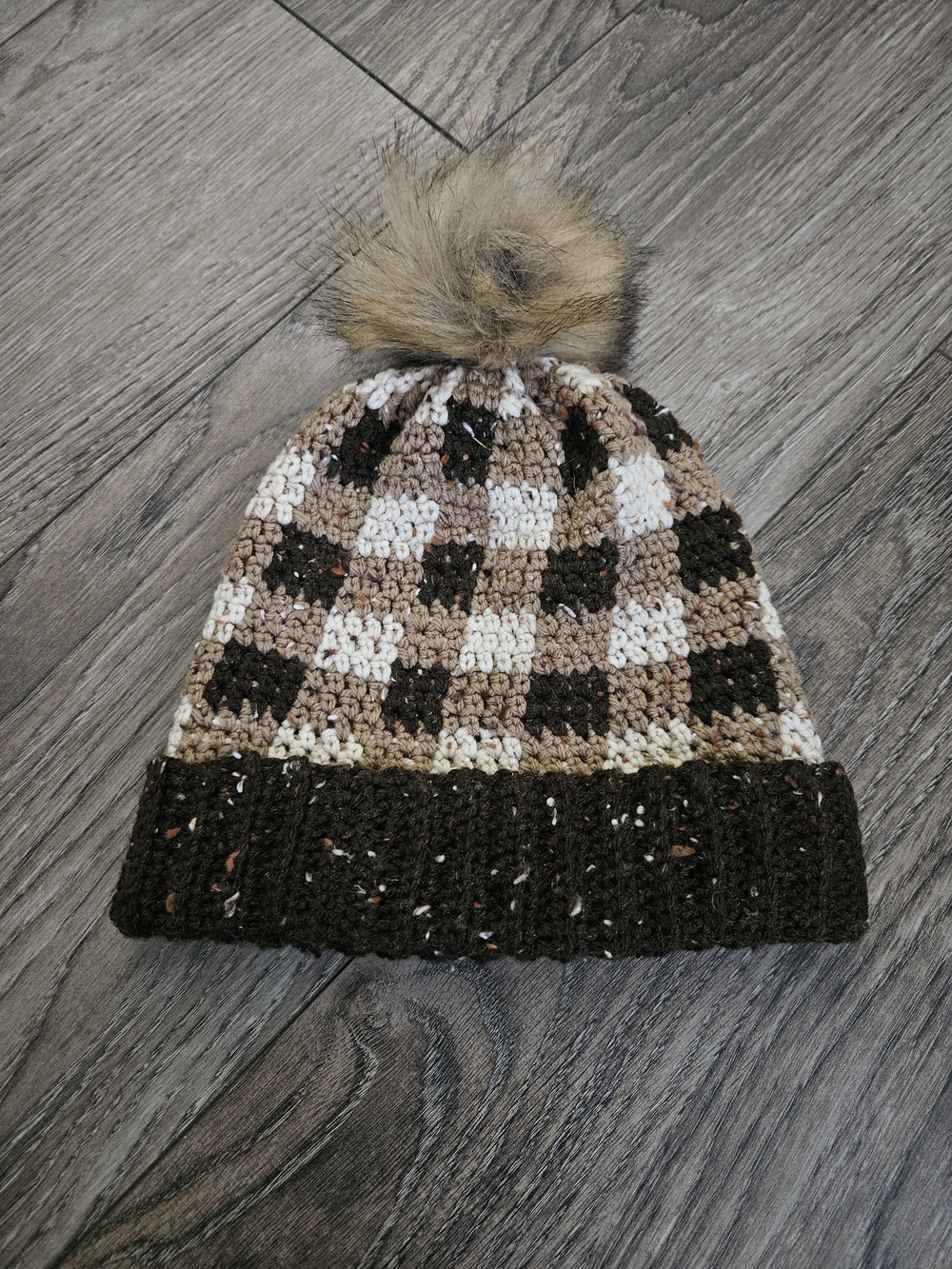 Kids Cozy Plaid Pom Beanie - Brown, Cream, Black